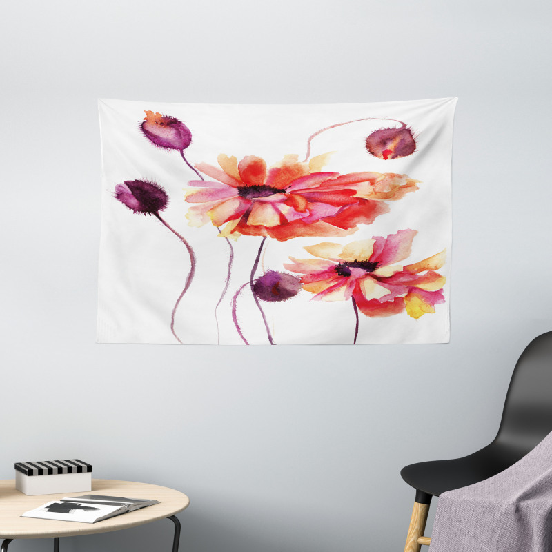 Watercolor Poppies Buds Wide Tapestry