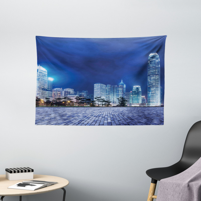 Hong Kong Skyline Night Wide Tapestry