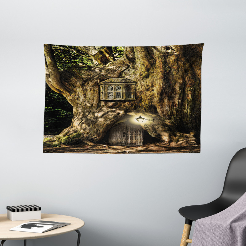 Fairytale House Tree Wide Tapestry