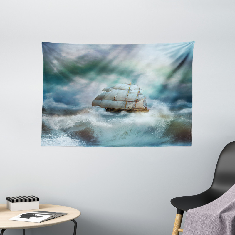 Pirate Ship on Wavy Sea Wide Tapestry