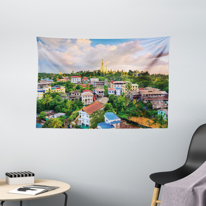 Village Skyline Scene Wide Tapestry