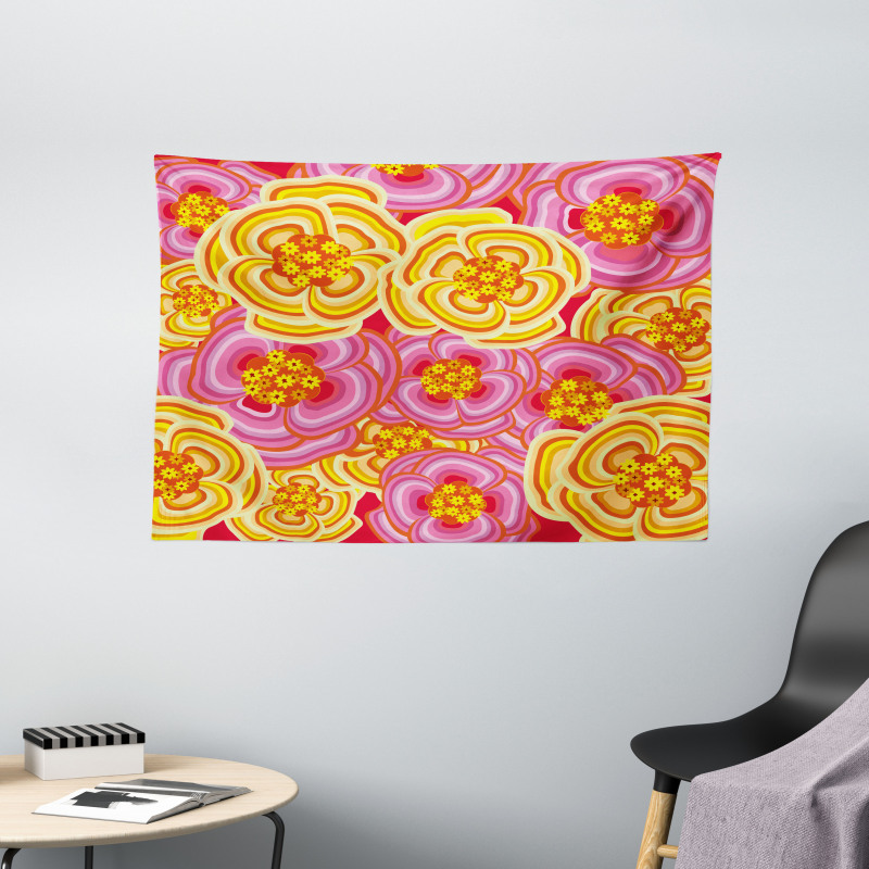 Funky Vibrant Flowers Wide Tapestry