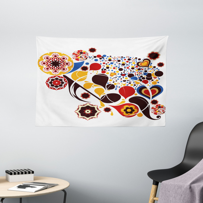 Flowers Hearts Notes Wide Tapestry
