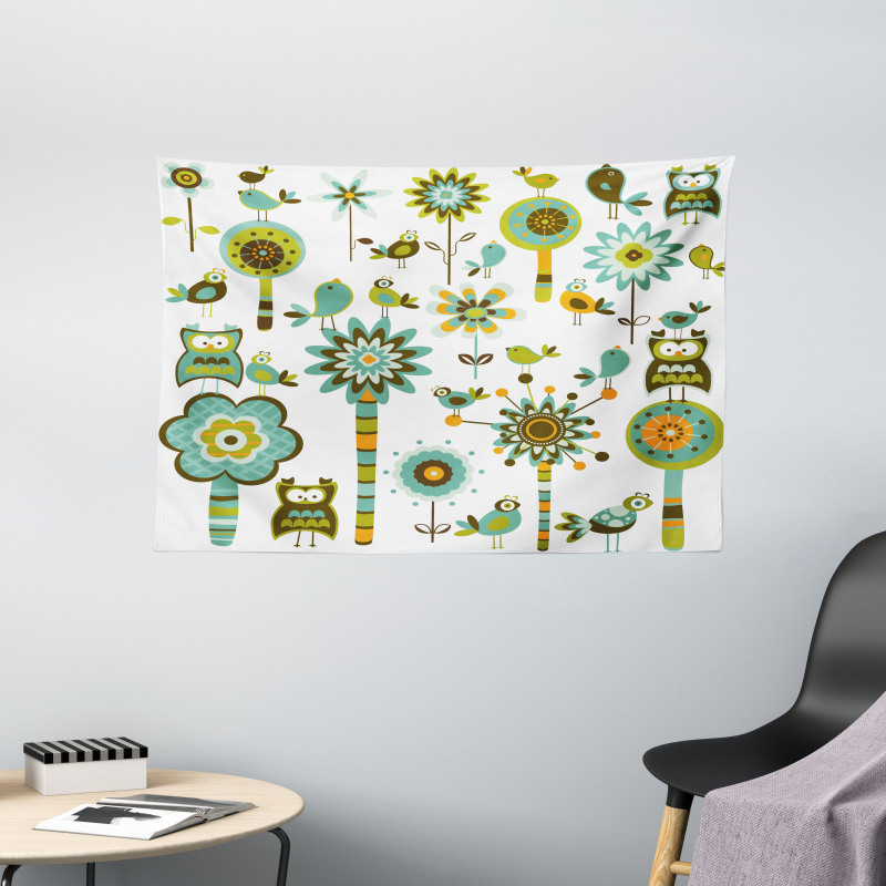 Birds Flowers Trees Wide Tapestry