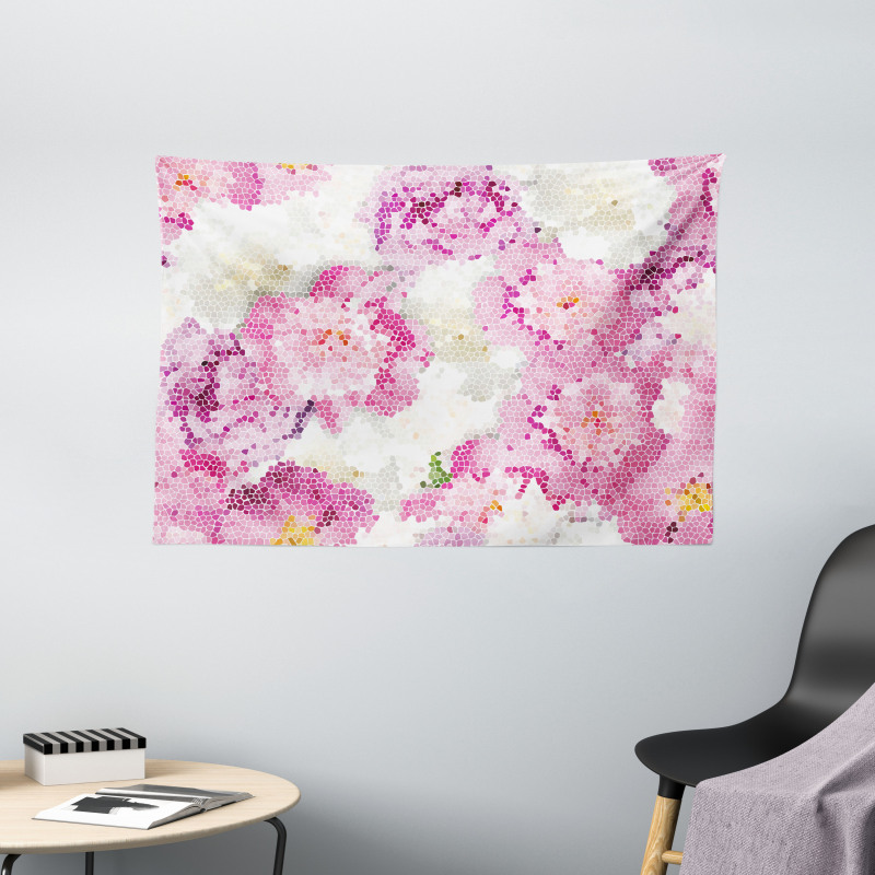 Mosaic Peony Flowers Art Wide Tapestry