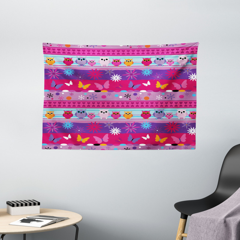 Cartoon Owls and Flowers Wide Tapestry