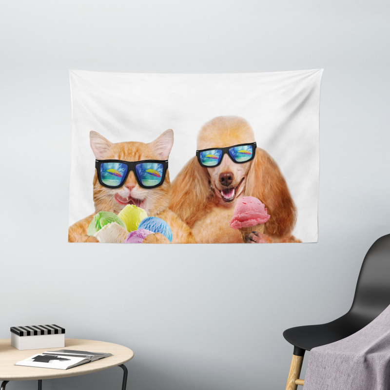 Cat Dog with Ice Cream Wide Tapestry