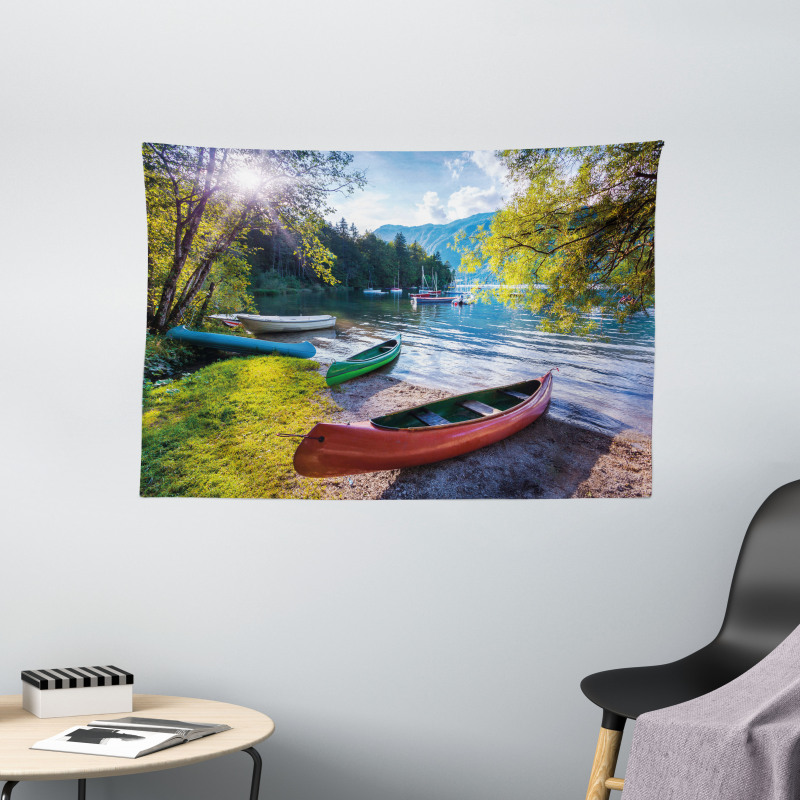 Bohinj Lake with Boats Wide Tapestry