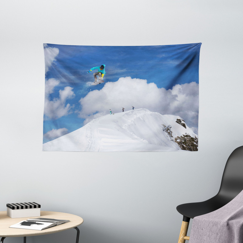Snowboarder Mountaintop Wide Tapestry