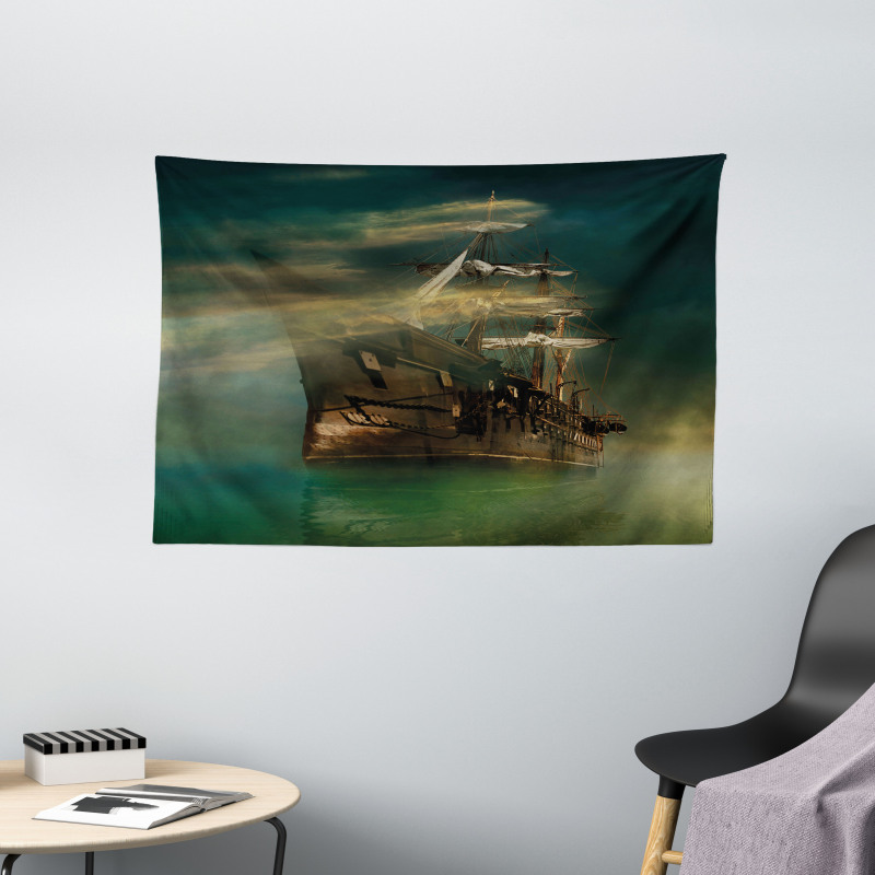 Old Ship on Calm Waters Wide Tapestry