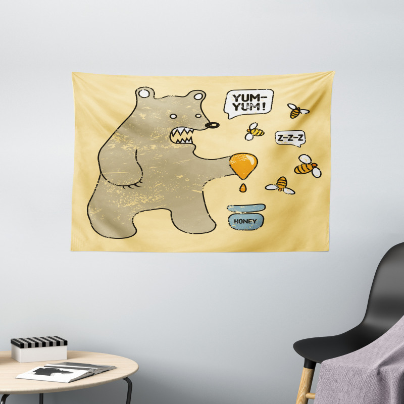 Bear Bees Honey Comic Wide Tapestry