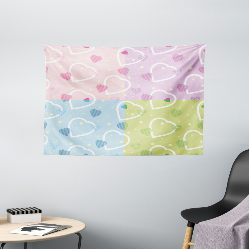 Hearts Dots Colorful Wide Tapestry