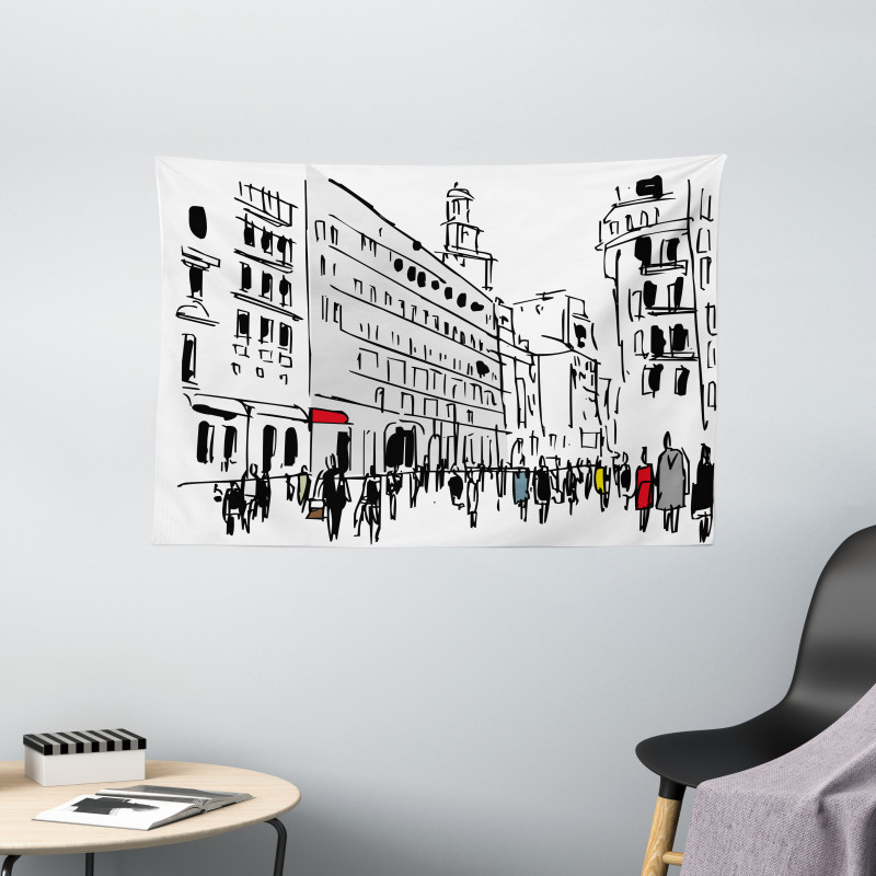 Ink Cityscape Street View Wide Tapestry