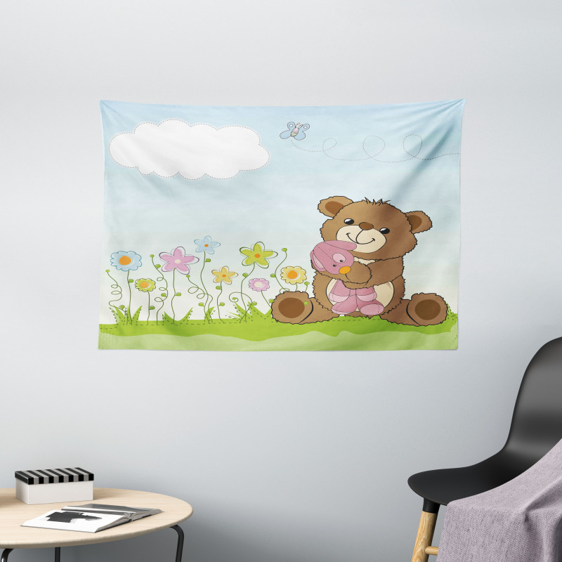 Cartoon Teddy Bear and Toy Wide Tapestry
