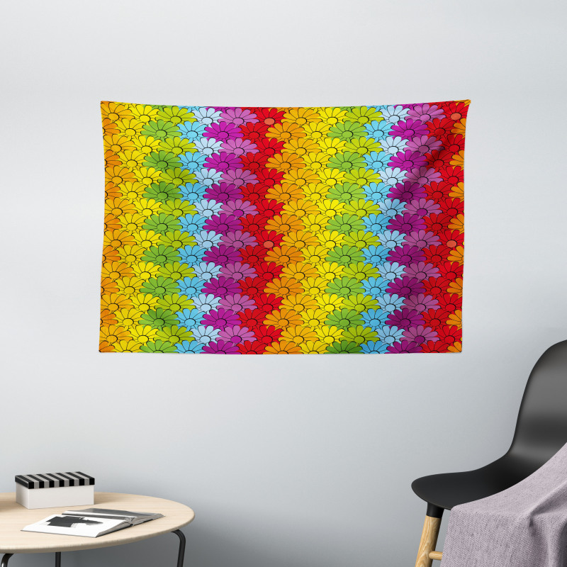 Rainbow Colored Flowers Wide Tapestry