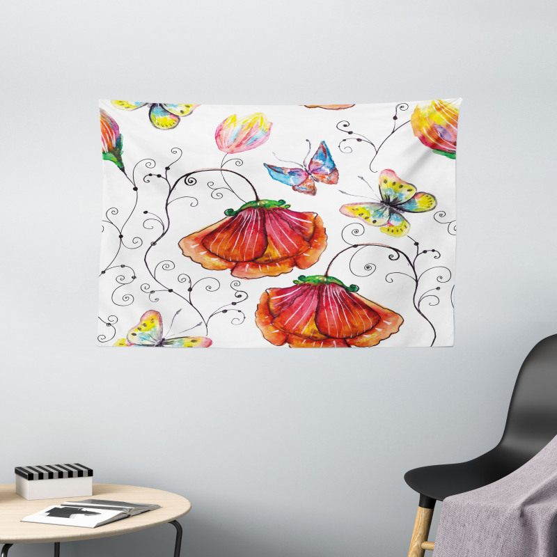 Swirled Flowers Flamingo Wide Tapestry