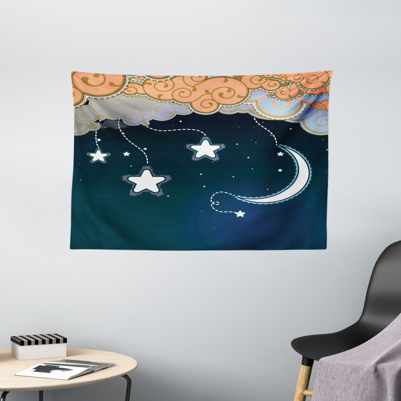 Clouds Stars and Moon Wide Tapestry
