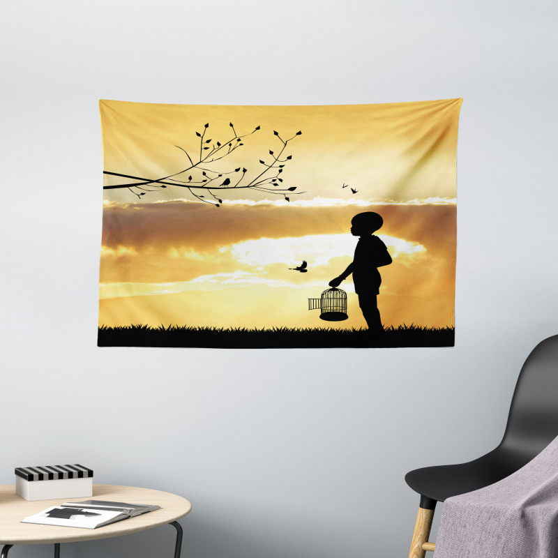 Child with a Bird Cage Wide Tapestry