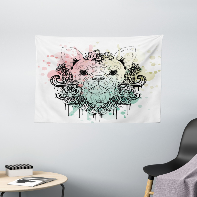 French Bulldog Flowers Wide Tapestry