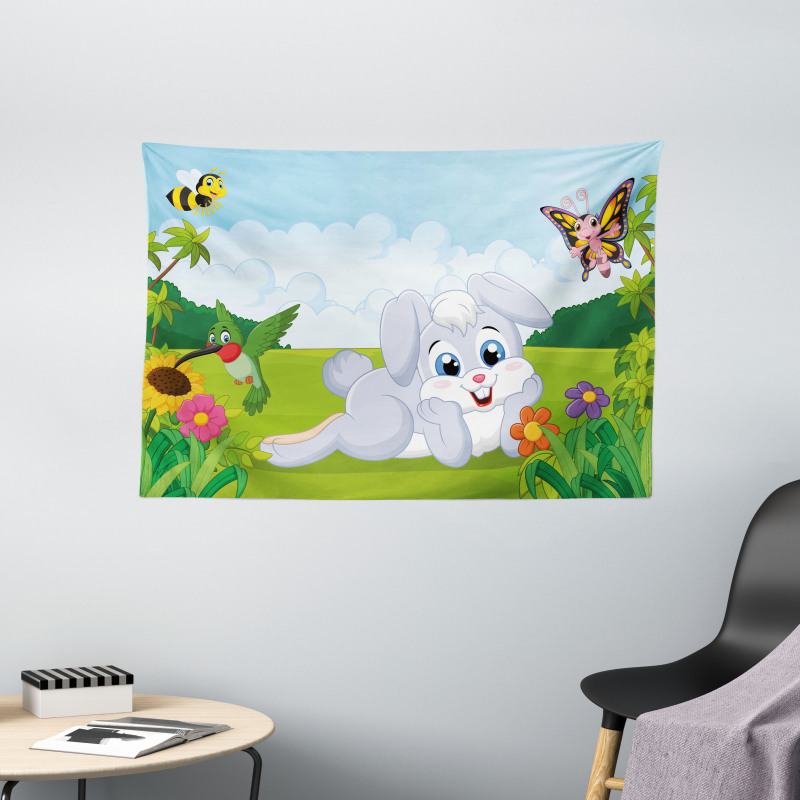 Rabbits Grass Bees Wide Tapestry