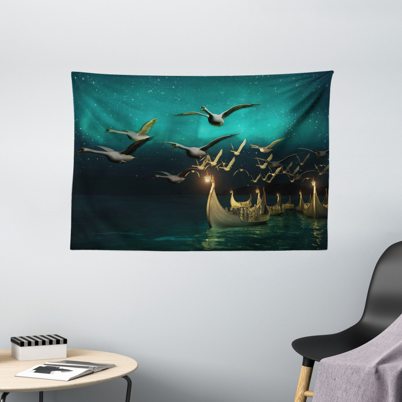 Elf Boats Birds Swans Wide Tapestry