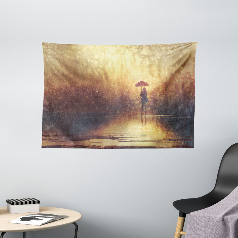 Woman Under the Rain Wide Tapestry