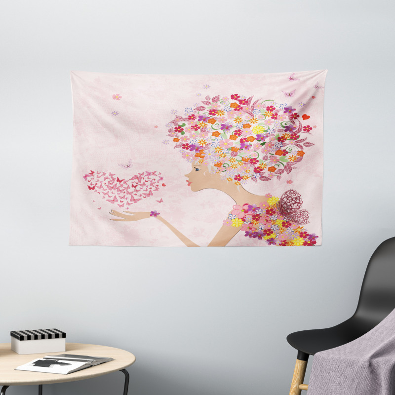 Flowers Girl Butterflies Wide Tapestry