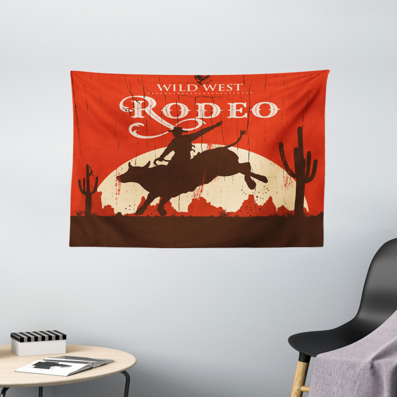 Rodeo Cowboy Rides Bull Wide Tapestry