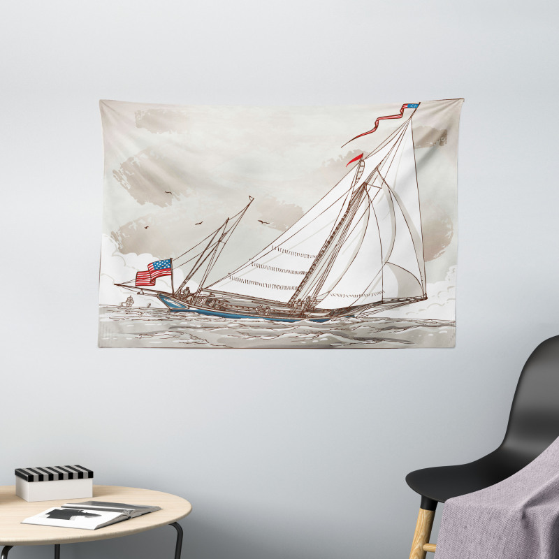 Antique American Yacht Wide Tapestry