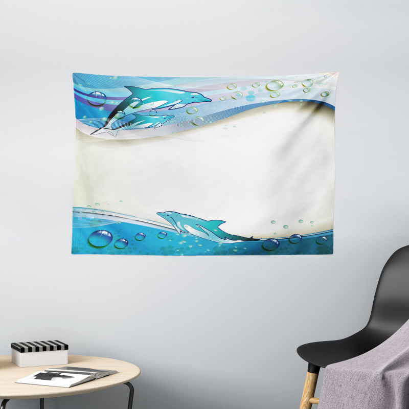 Dolphins Sea Waves Drops Wide Tapestry