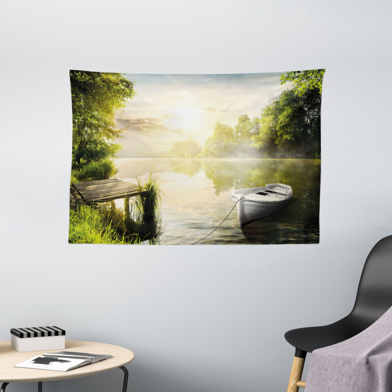 Boat by Foggy Lake Deck Wide Tapestry