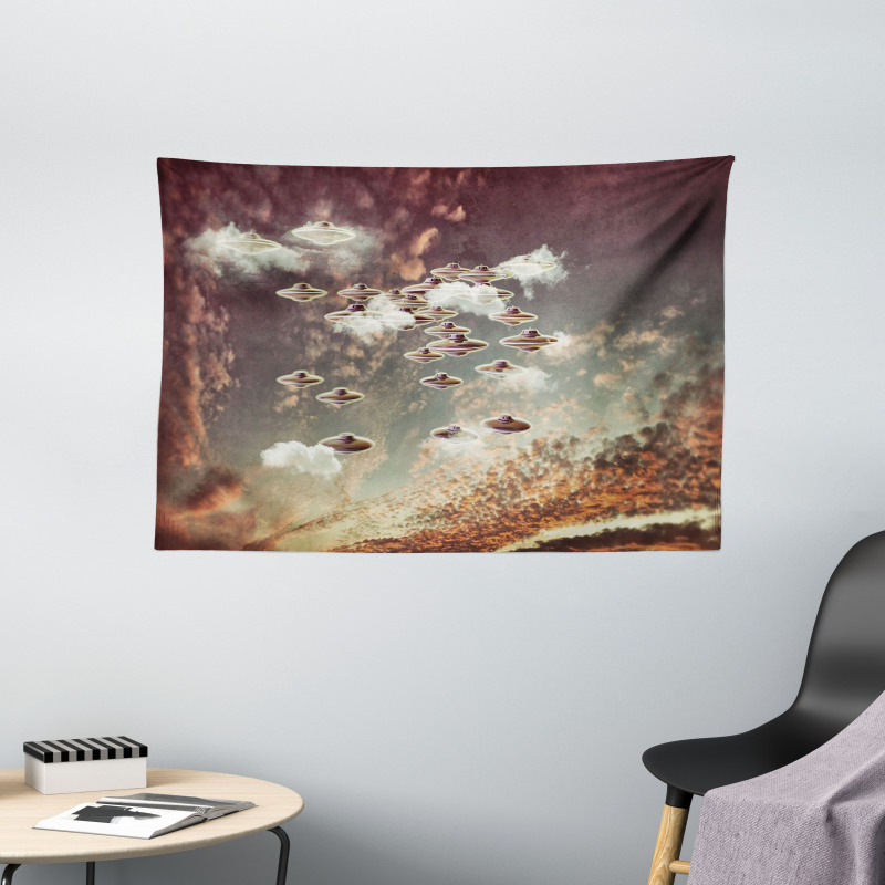 UFOs in Cloudy Sky Wide Tapestry