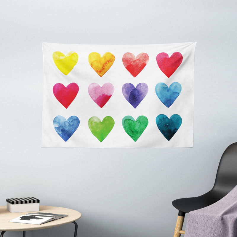 Rainbow Colors Hearts Wide Tapestry