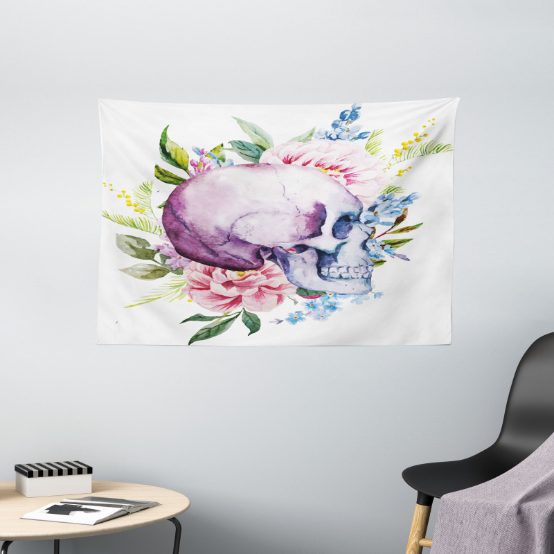 Abstract Skull Flowers Wide Tapestry