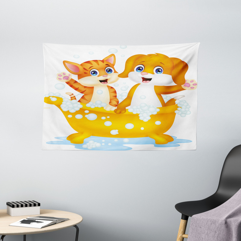 Cartoon Cat and Dog Bath Wide Tapestry