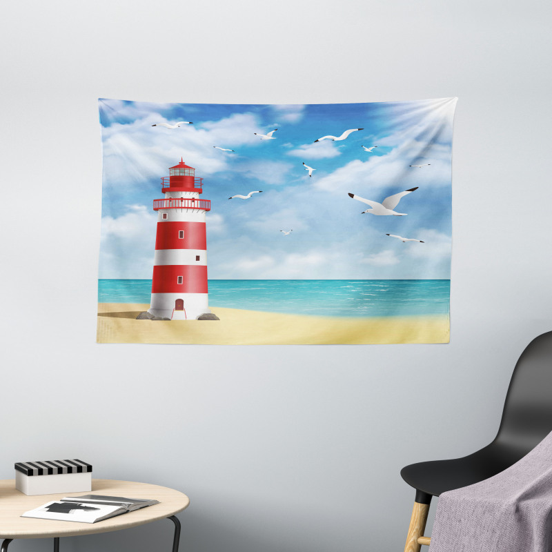 Lighthouse Seagulls Ocean Wide Tapestry