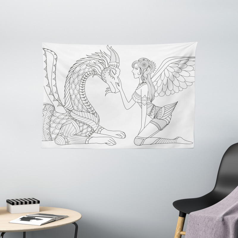 Fairy Woman and Dragon Wide Tapestry