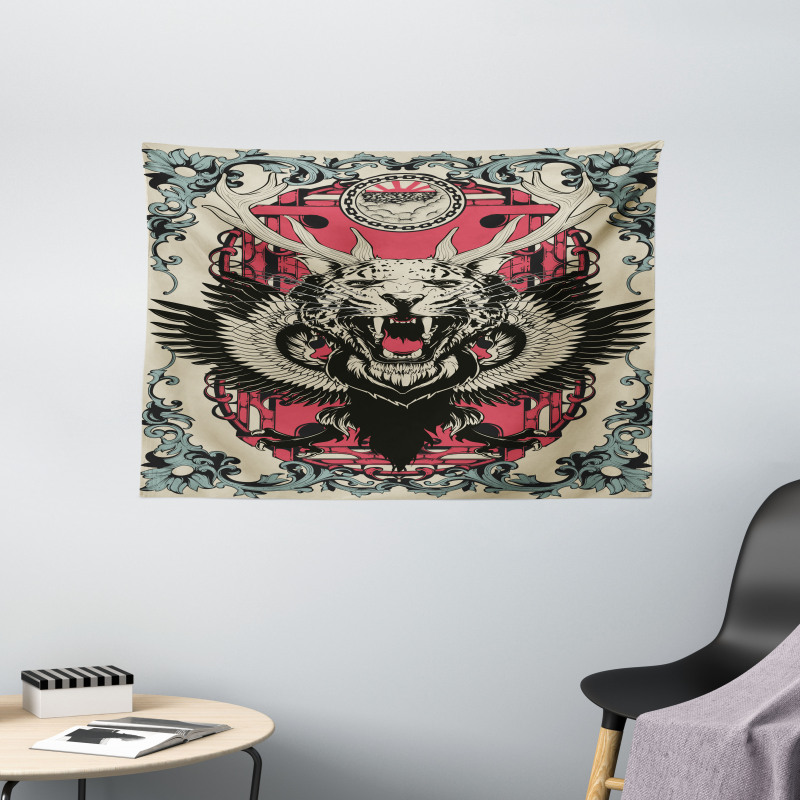 Leopard Head Horns Wings Wide Tapestry