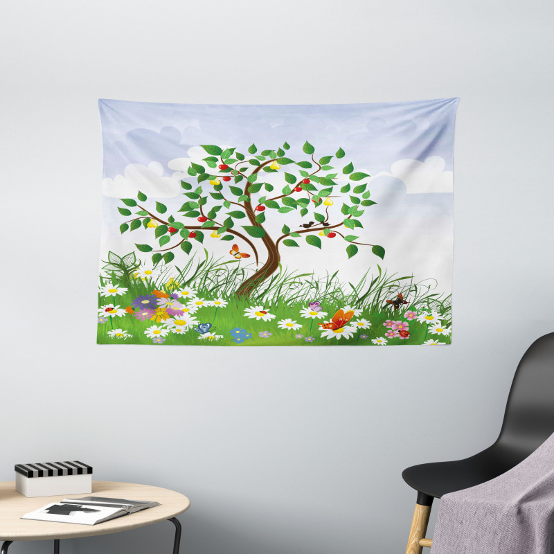 Cartoon Garden Colorful Wide Tapestry