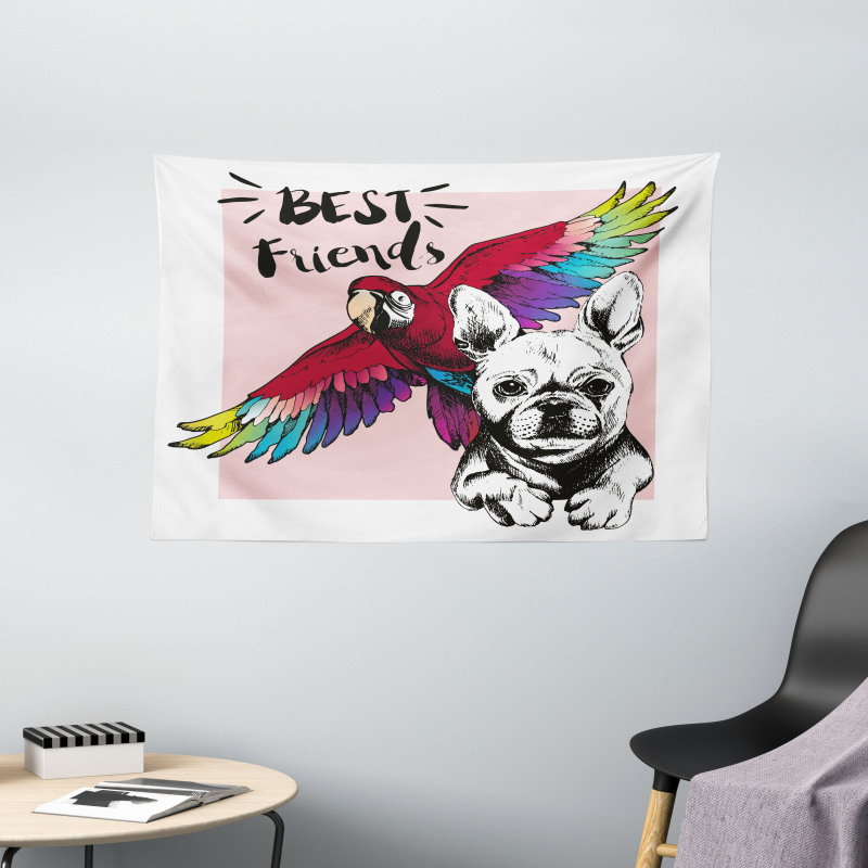 Bulldog Parrot Friends Wide Tapestry