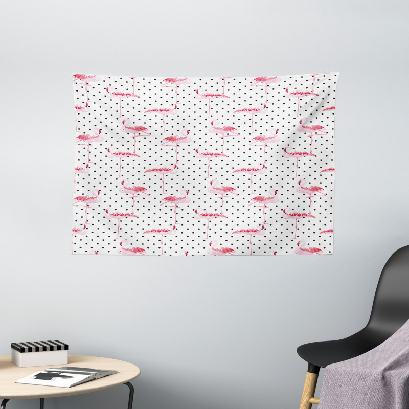 Flamingo Birds Polka Dots Wide Tapestry