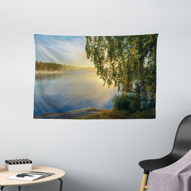 Sunny Misty Lake Summer Wide Tapestry