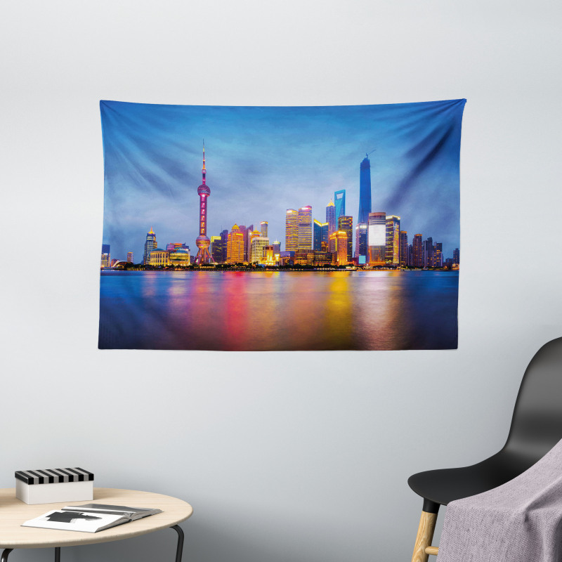 Shanghai City Skyline Wide Tapestry