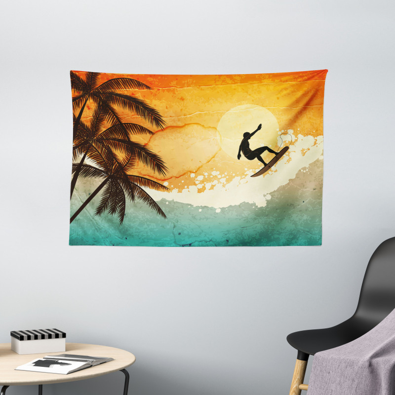 Surfer Sea Palms Sunset Wide Tapestry