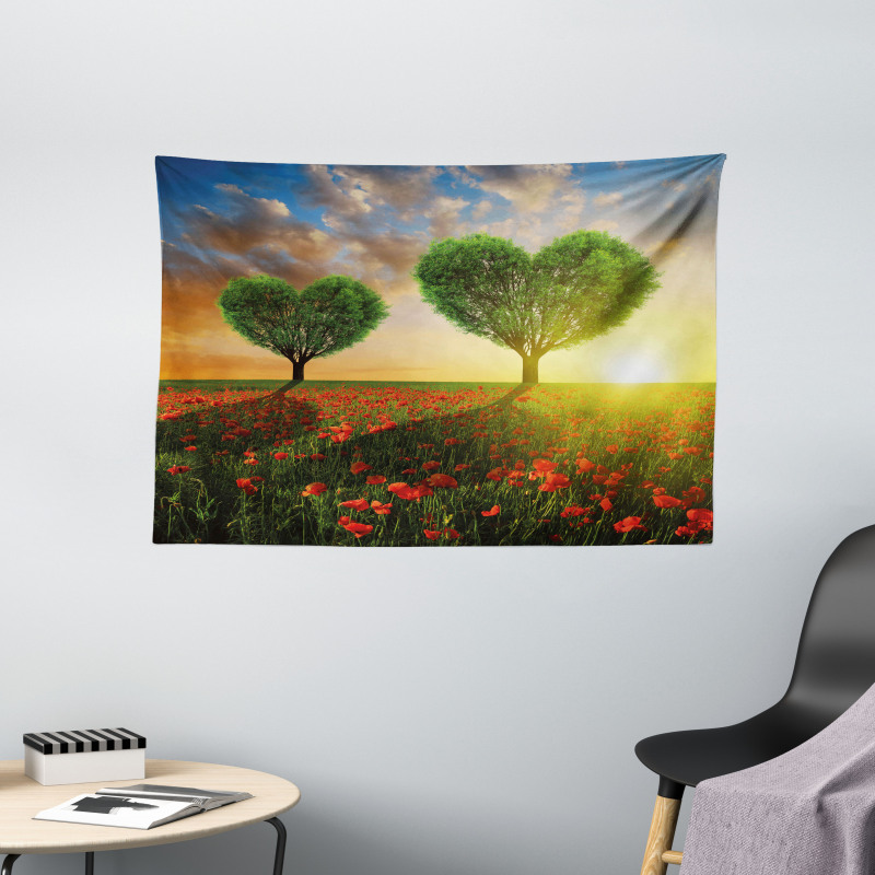 Poppies Heart Trees Wide Tapestry