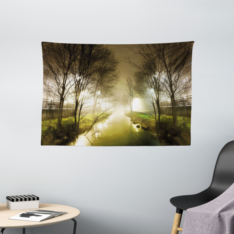 Water Channel Foggy City Wide Tapestry