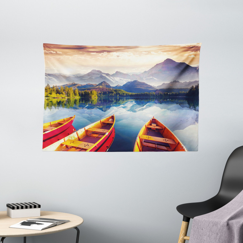 Mountains Shore Boats Wide Tapestry