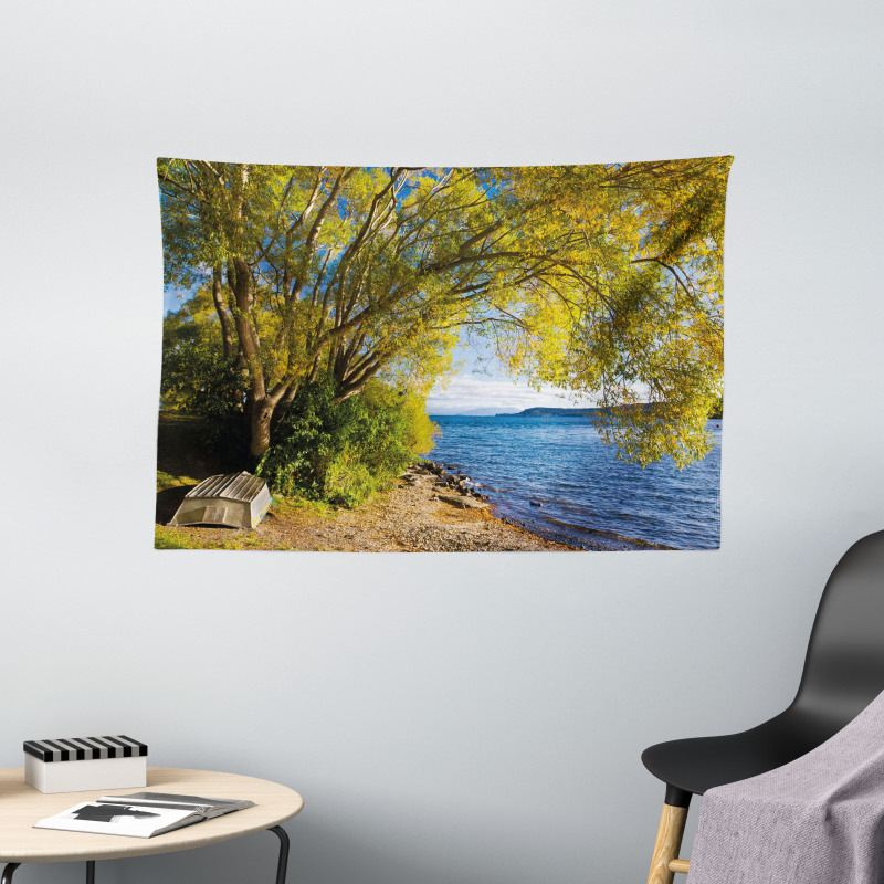 Boat Under the Tree Wide Tapestry