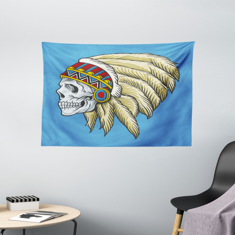 Skull with Feathers Folk Wide Tapestry