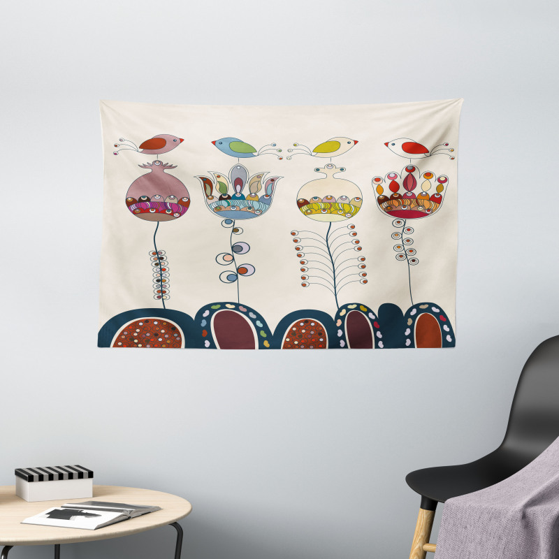 Birds Flowers Wide Tapestry